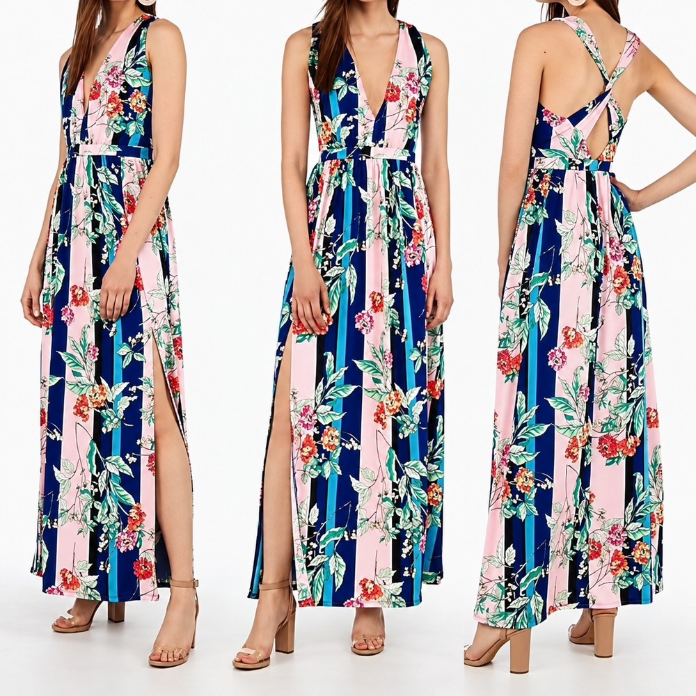 Express Maxi Dress XS Pink Blue Floral Striped V-Neck Crisscross Back NWT